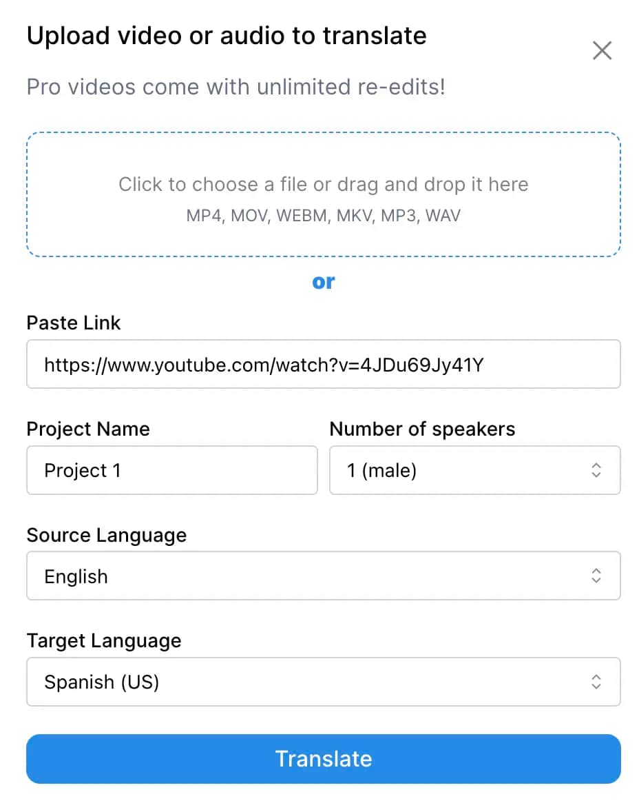 Easy video translation tool - one click video dubbing interface