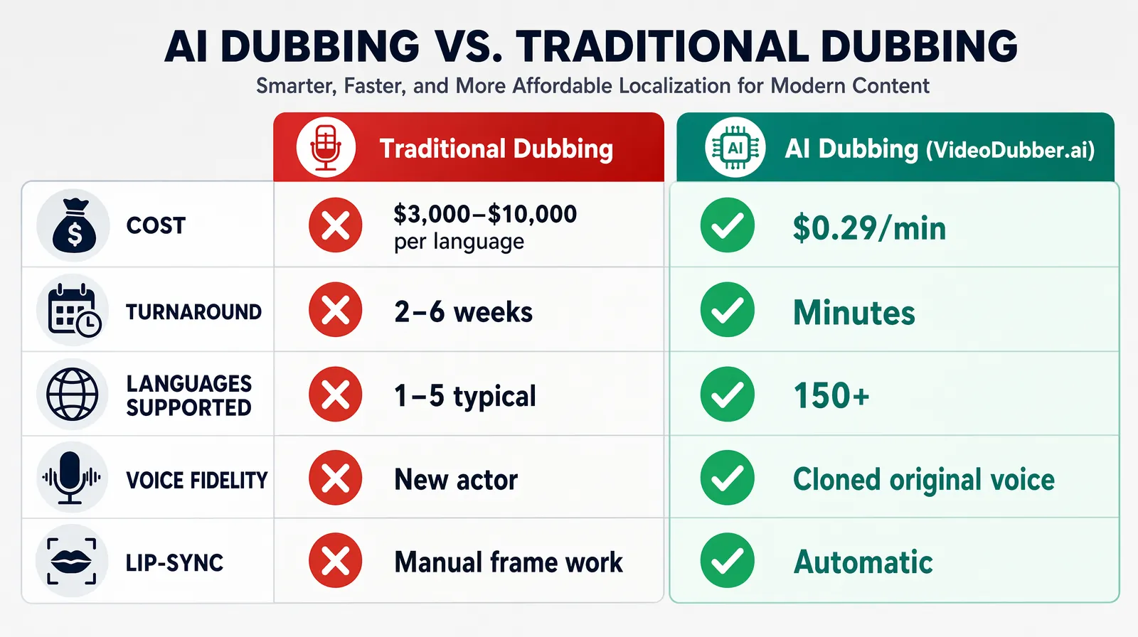 Comparison chart AI dubbing vs traditional dubbing on cost time languages and voice fidelity