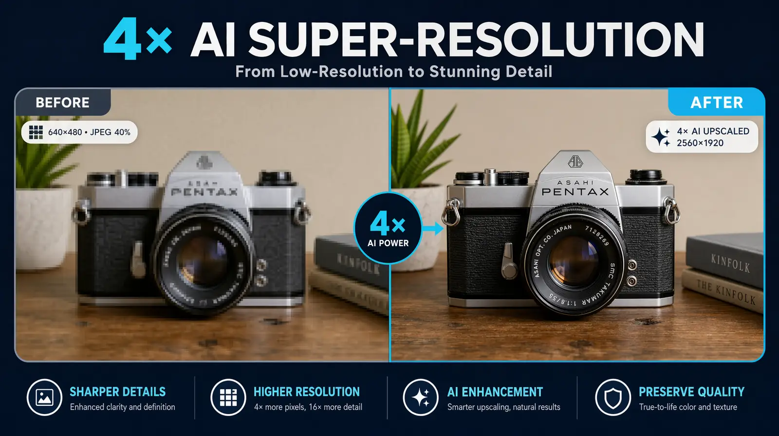 Before-and-after AI image upscaling comparison showing restored detail