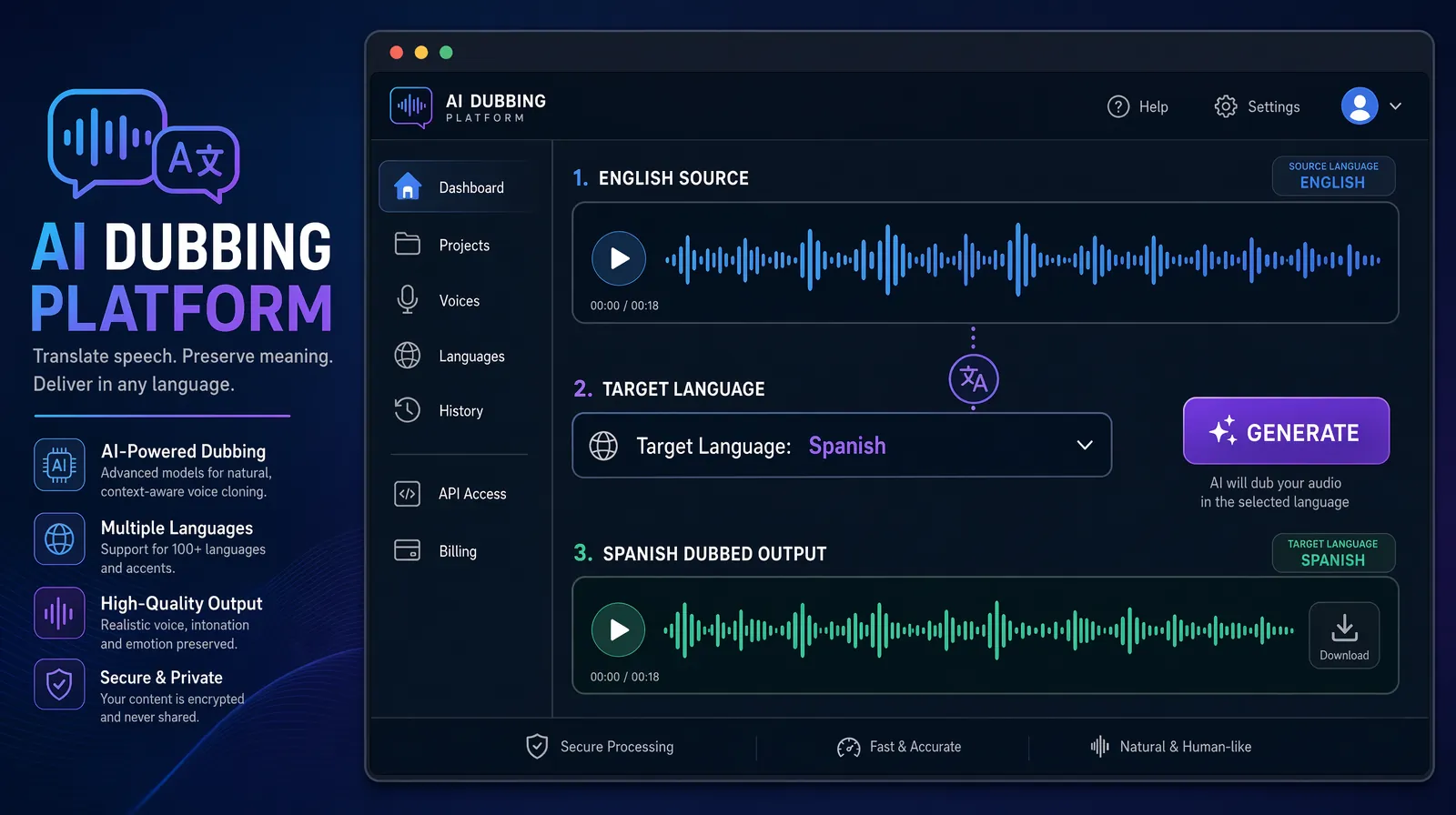Modern AI video dubbing studio interface showing waveform and target language selection