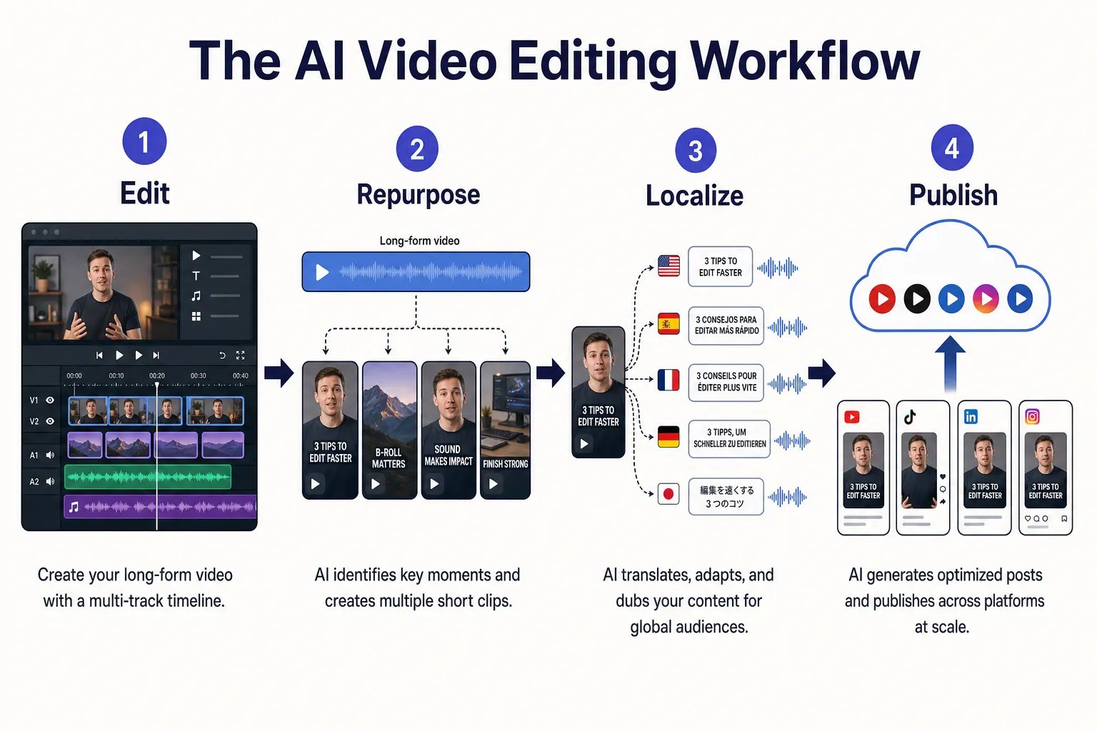 AI video editing workflow 2026 — edit, repurpose, localize, publish