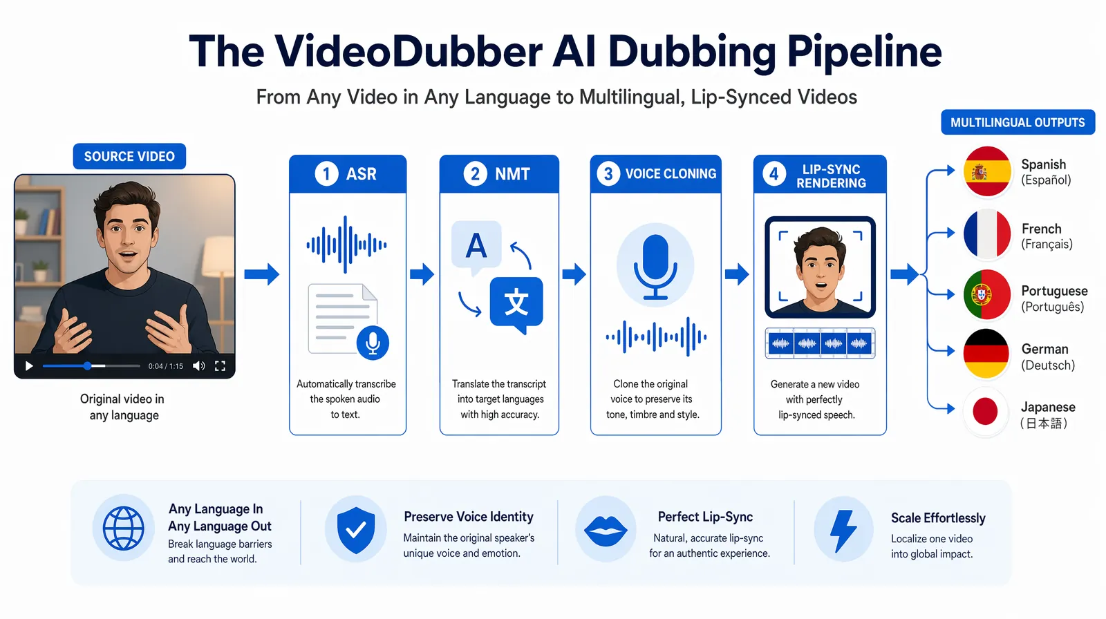 Pipeline diagram of AI video translation: ASR, NMT, voice cloning, lip-sync rendering