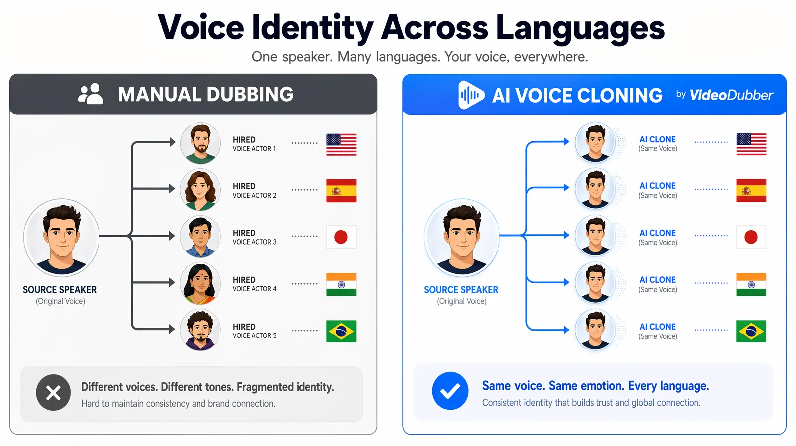 Diagram of AI voice cloning preserving speaker identity across multiple target languages