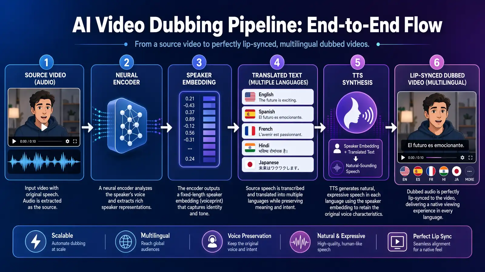 AI voice cloning pipeline diagram showing source voice, neural encoder, speaker embedding, translated text, TTS synthesis, and lip-synced dubbed video output