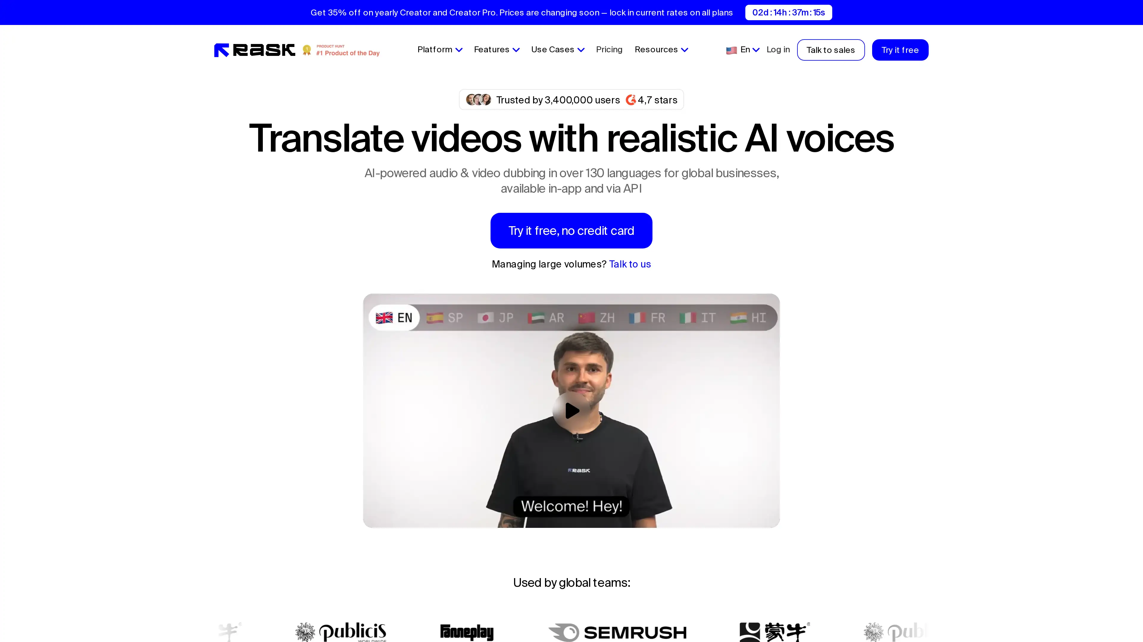 Rask AI homepage — AI video dubbing for creators