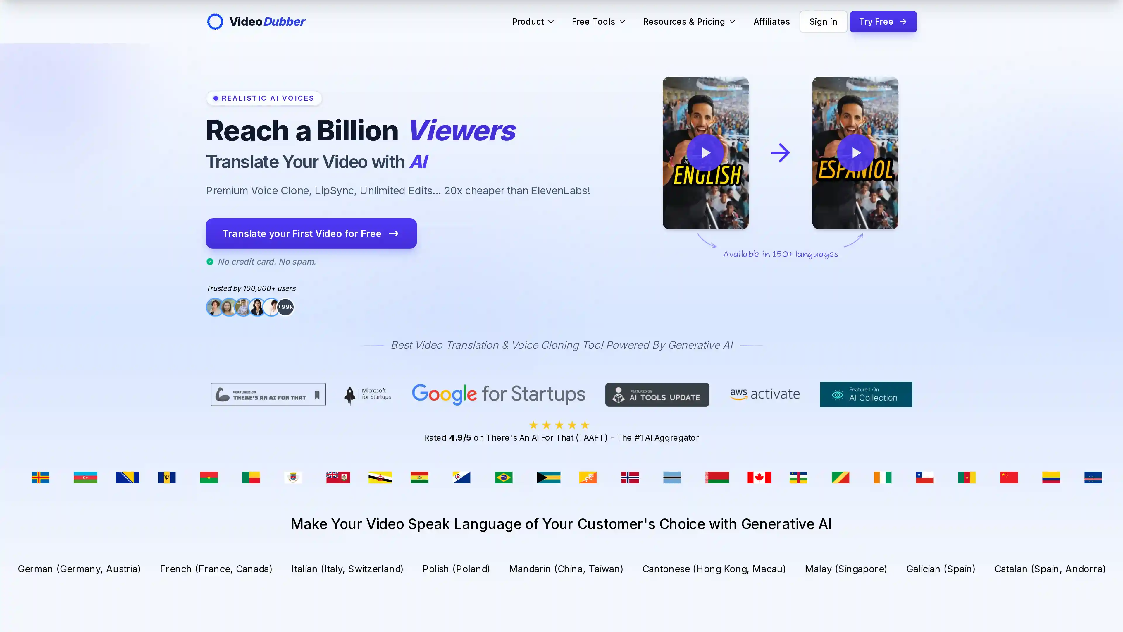 VideoDubber.ai free multilingual AI video generator