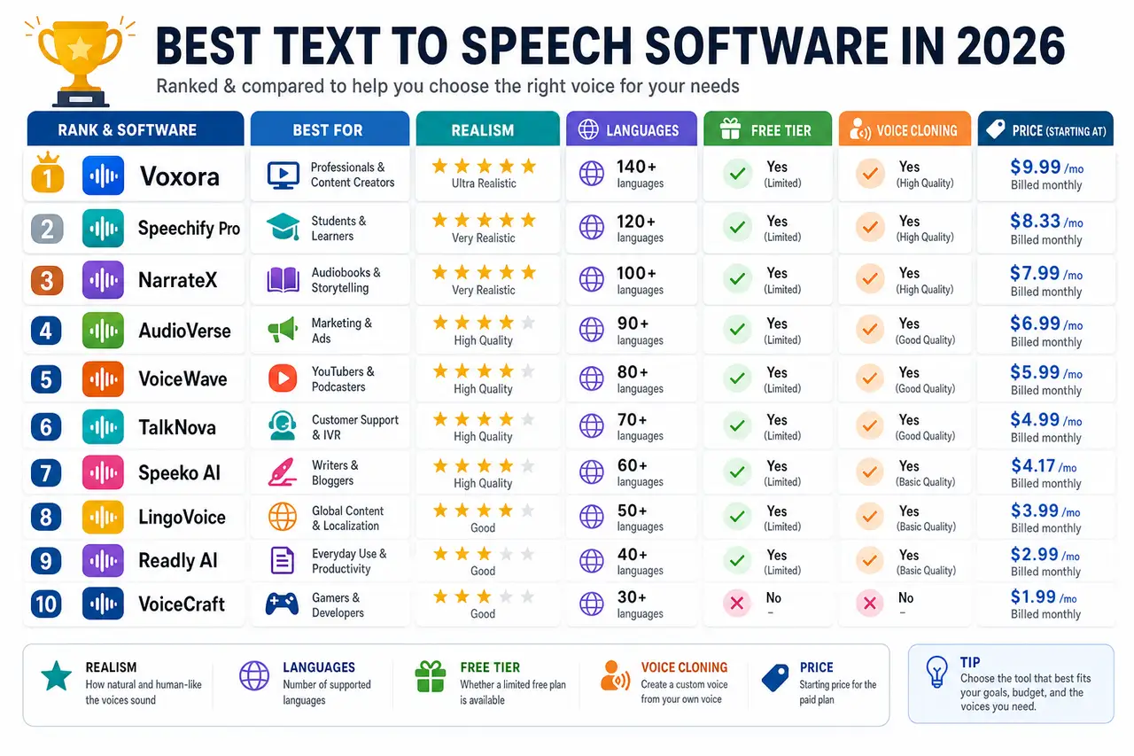 Best text to speech software 2026 comparison infographic