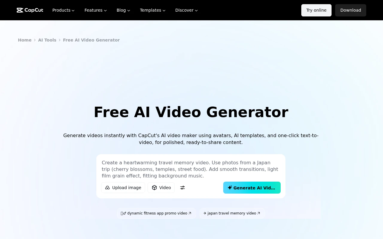 CapCut AI video generator interface with a text prompt box, model picker, and Generate AI Video button