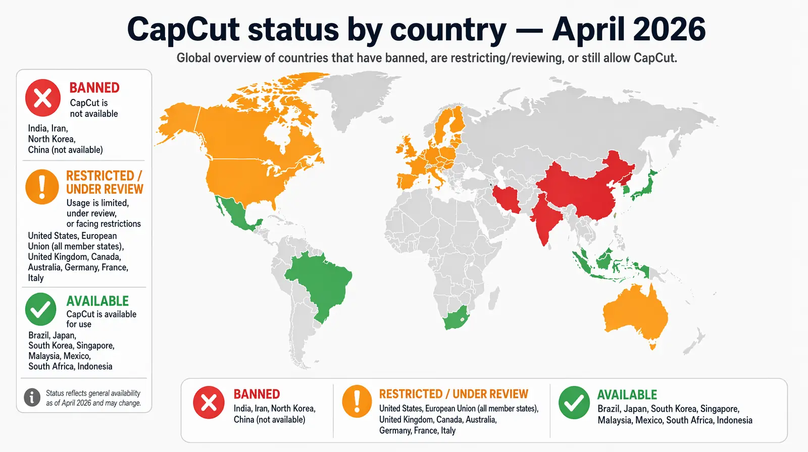 World map color-coded by CapCut status banned restricted available across countries