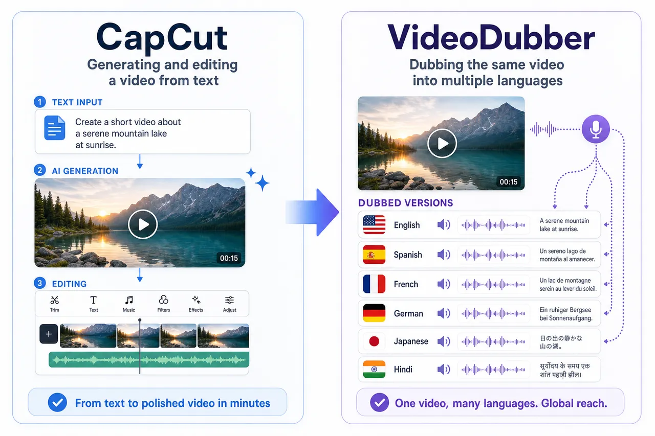 CapCut AI video generator vs VideoDubber for generating and dubbing video