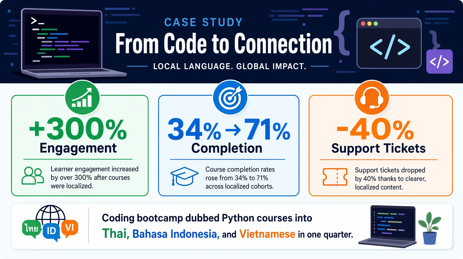 Coding bootcamp case study showing 300% engagement increase after AI dubbing in Thai and Indonesian