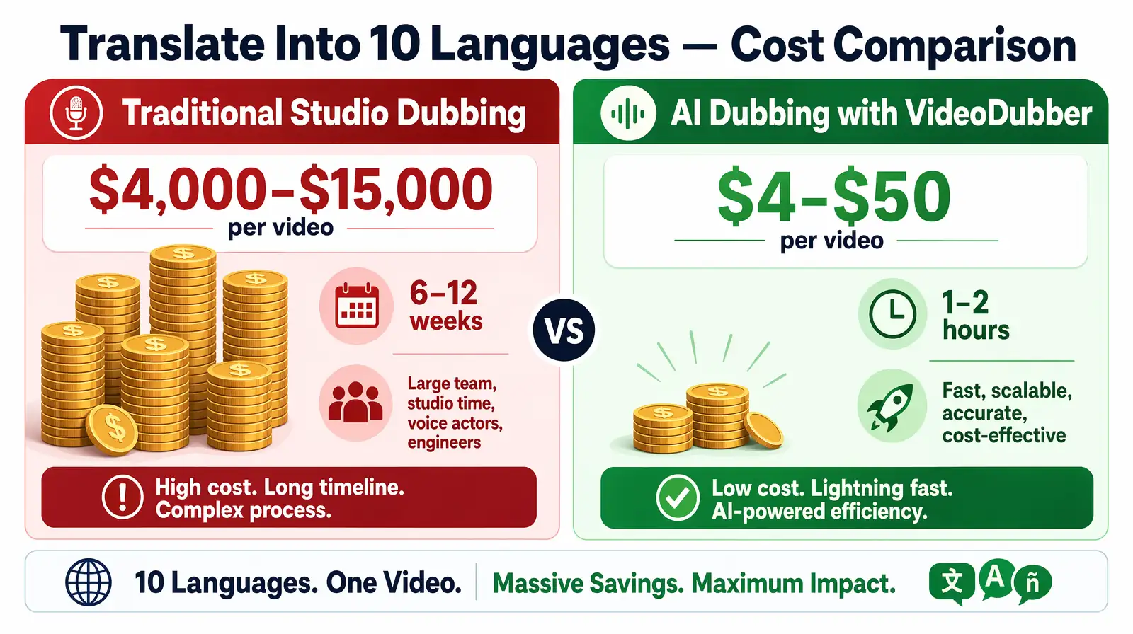 Cost comparison chart showing AI dubbing vs studio dubbing for translating one video into 10 languages