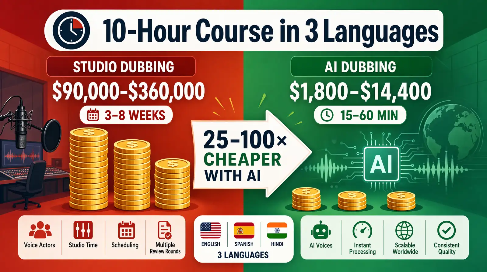 Cost comparison studio dubbing versus AI dubbing for 10-hour online course in three languages