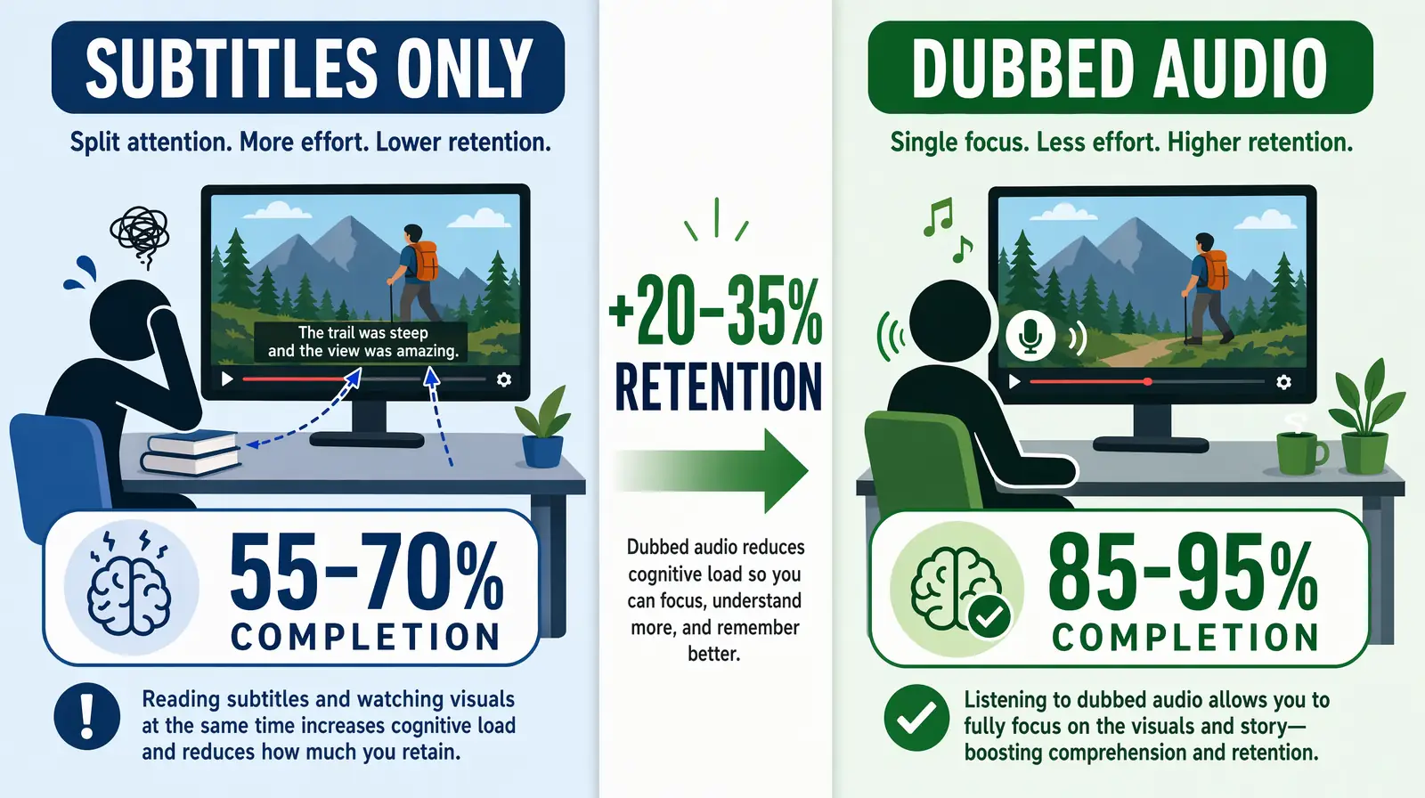Side-by-side comparison of subtitles versus dubbing for online learning retention
