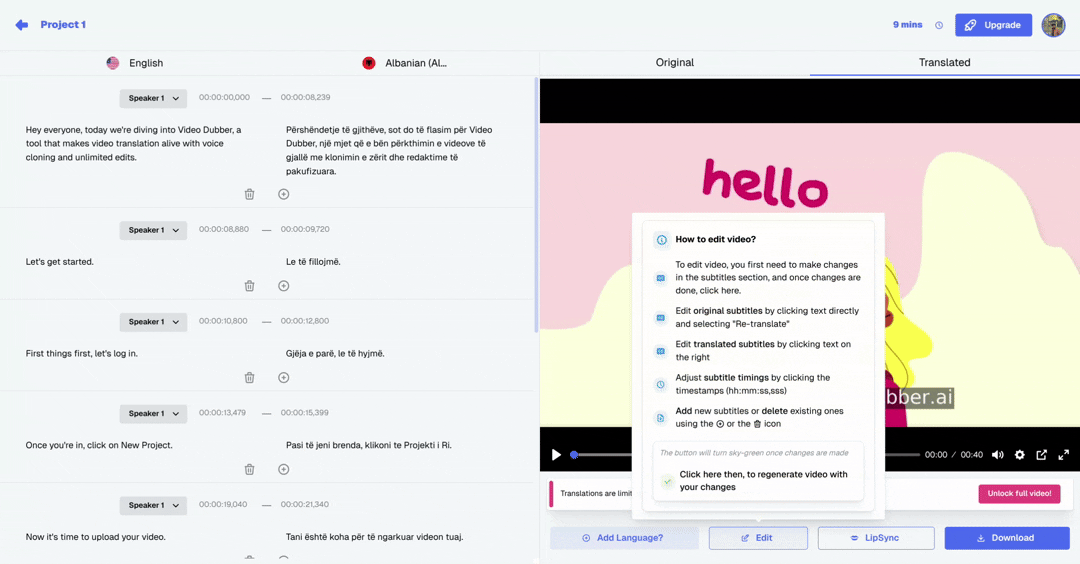 VideoDubber Editor Interface