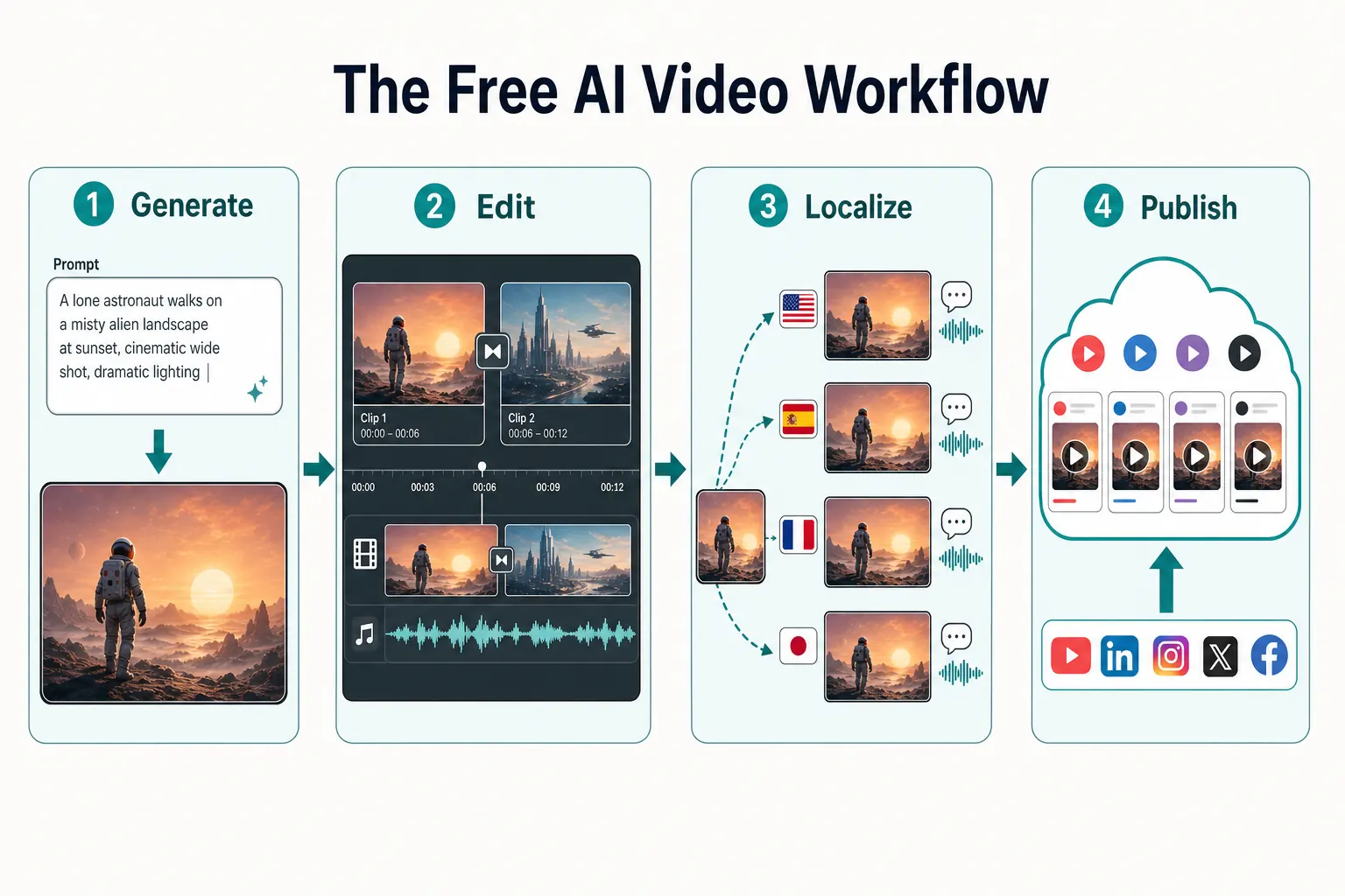 Free AI video generation workflow 2026 — generate, edit, localize, publish