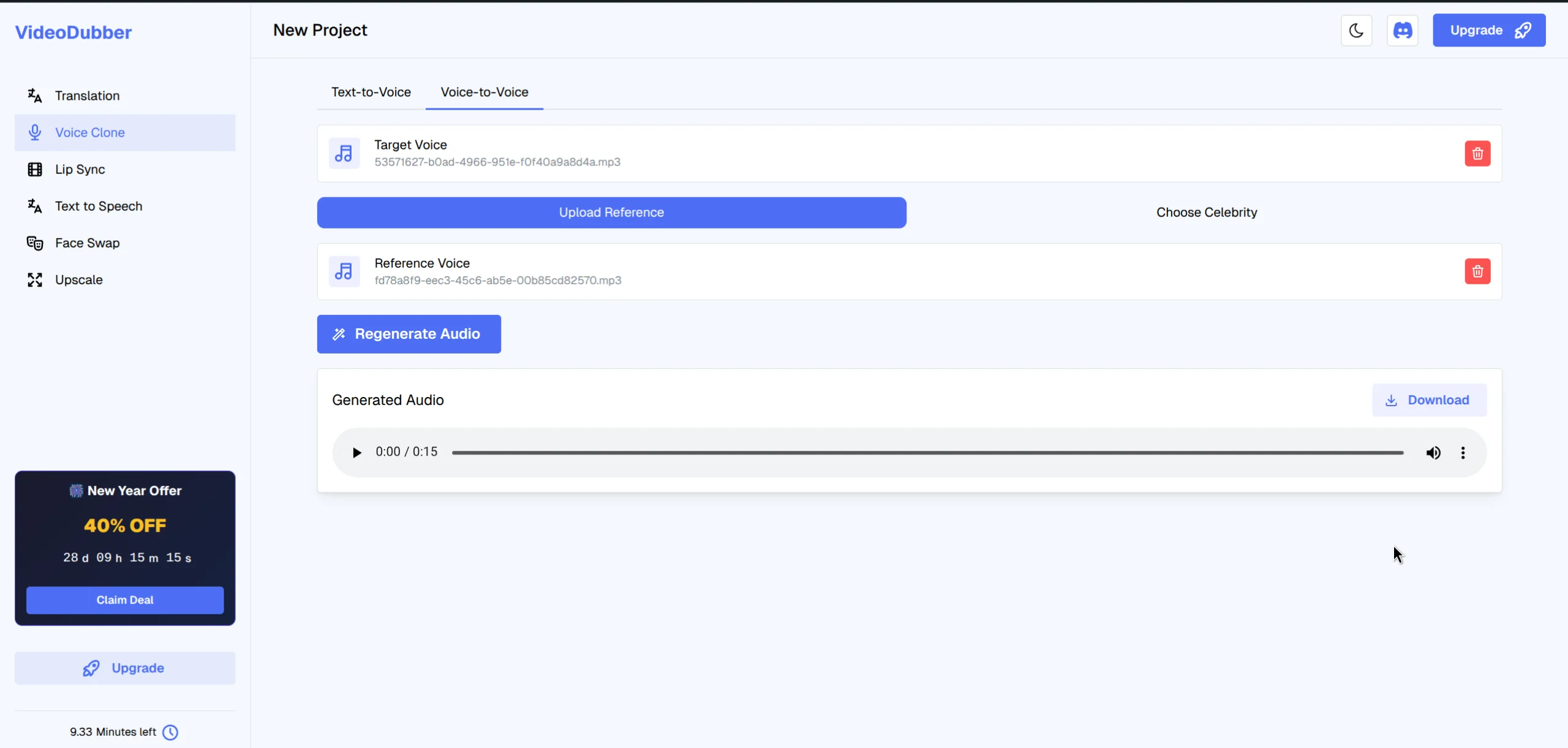 Generate Voice screen showing dubbing project configuration with voice clone selection