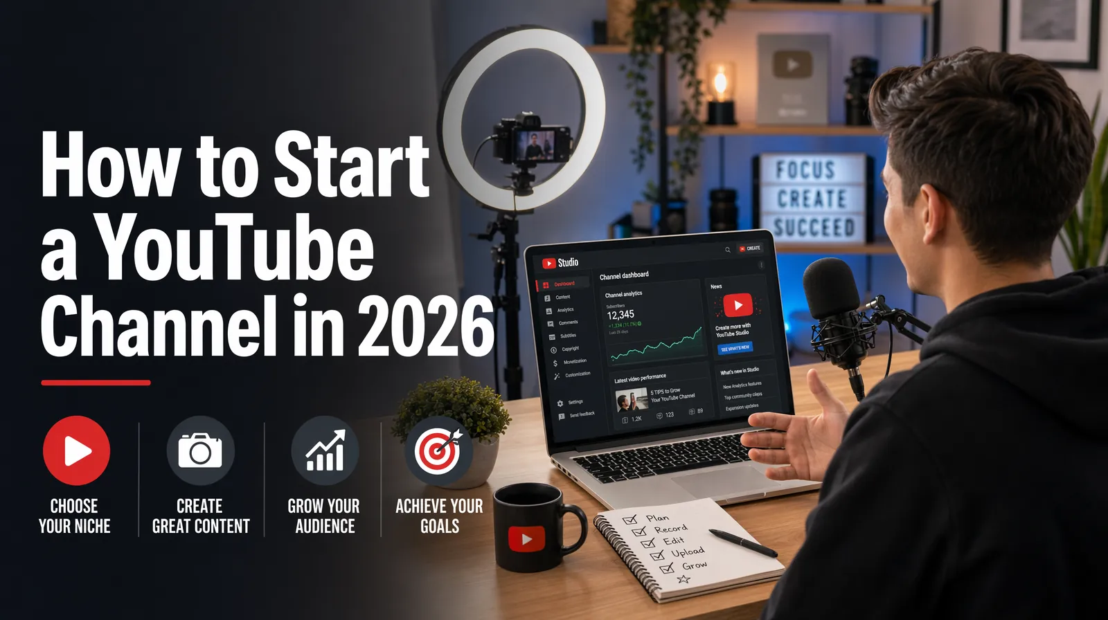 Creator filming a YouTube video with ring light microphone and laptop showing YouTube Studio
