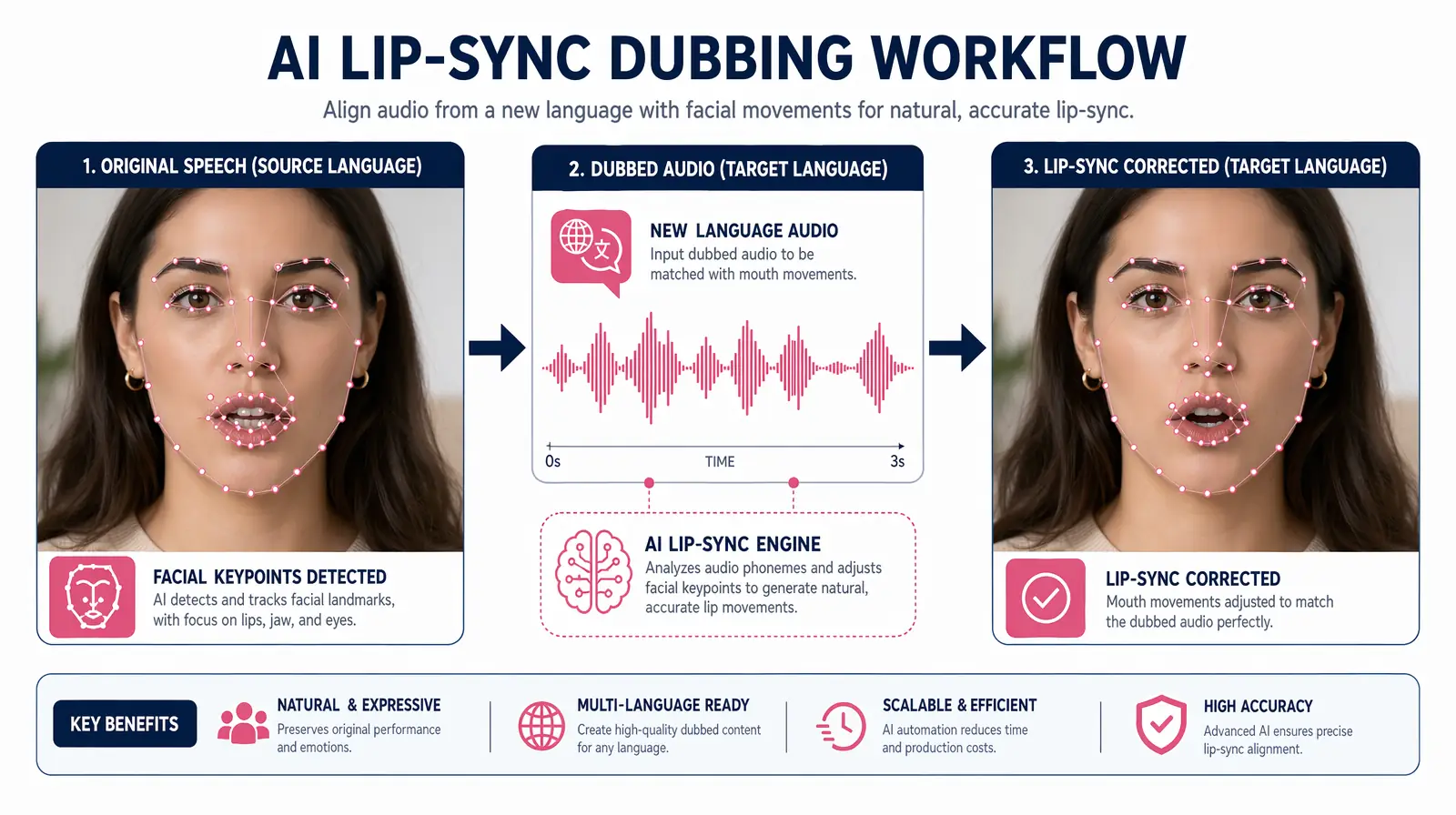 Lip-sync AI technology analyzing facial keypoints to match dubbed audio to speaker mouth movements