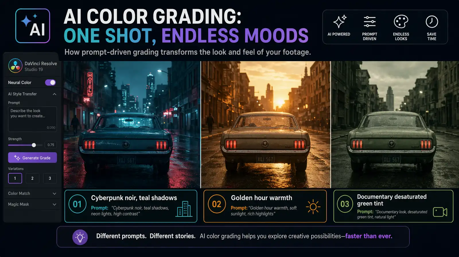 Neural filter color grading before and after examples with text prompts