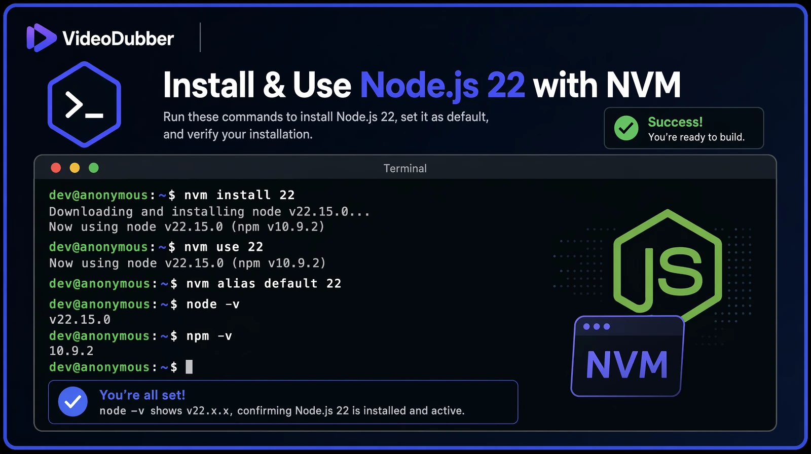 Terminal screenshot showing nvm install 22 and node -v output on Ubuntu