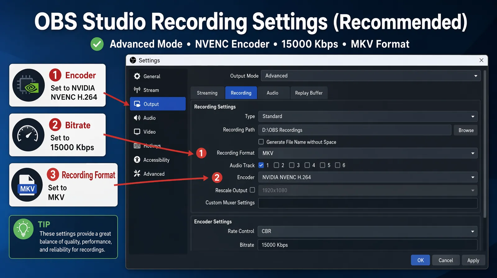 OBS Studio Output Settings panel showing encoder, bitrate, recording path, and MKV format configuration