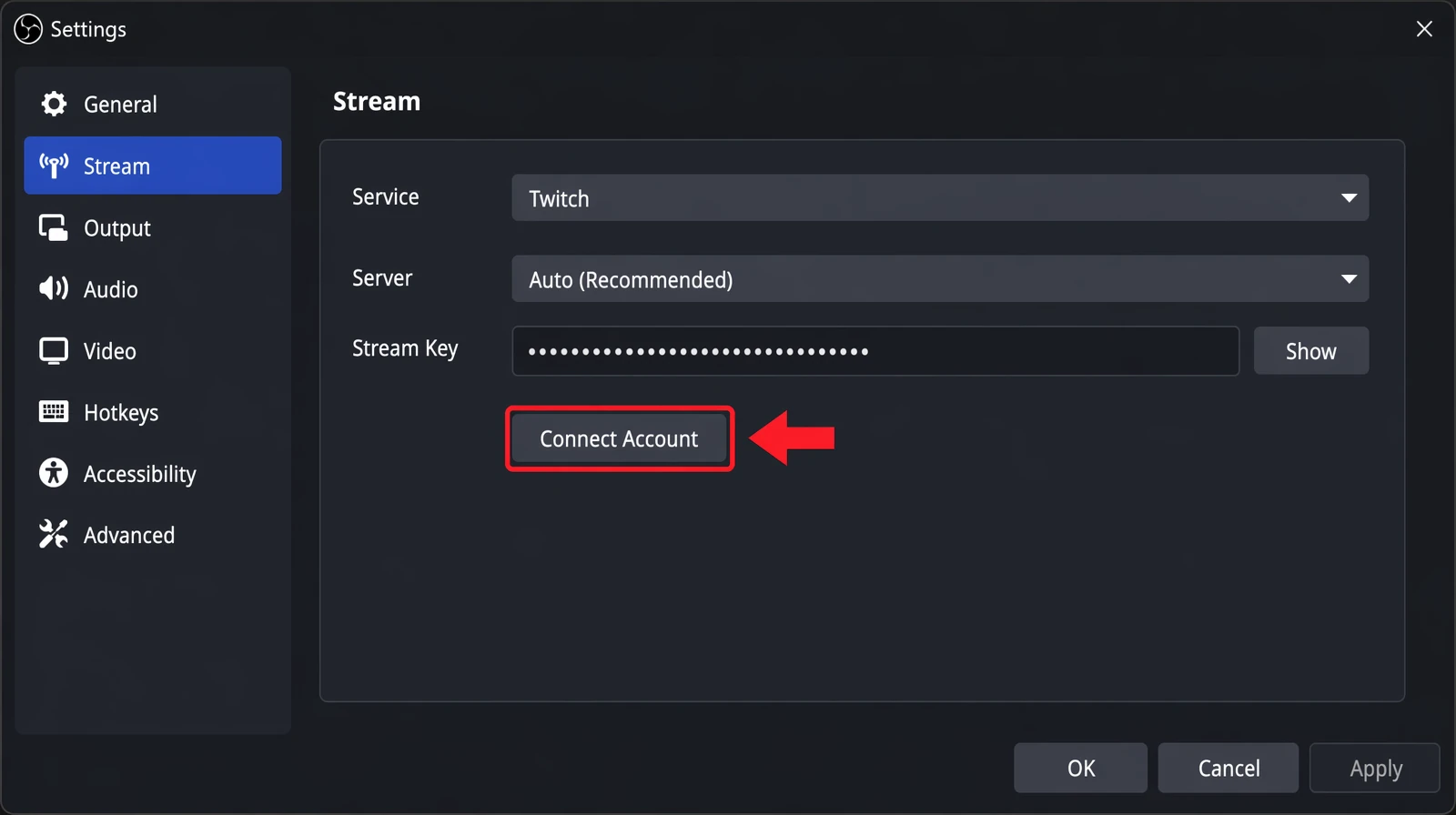 OBS Studio Settings Stream panel showing Twitch service and Connect Account button