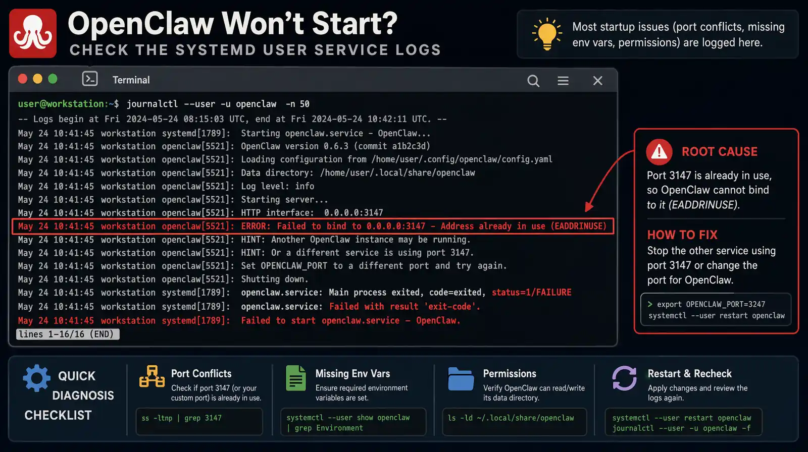 Terminal screenshot of journalctl output diagnosing a failed OpenClaw systemd user service