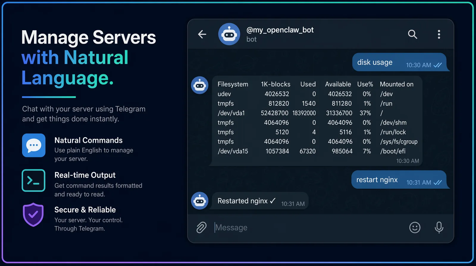 Screenshot of Telegram chat issuing commands to an OpenClaw bot on a Linux home server