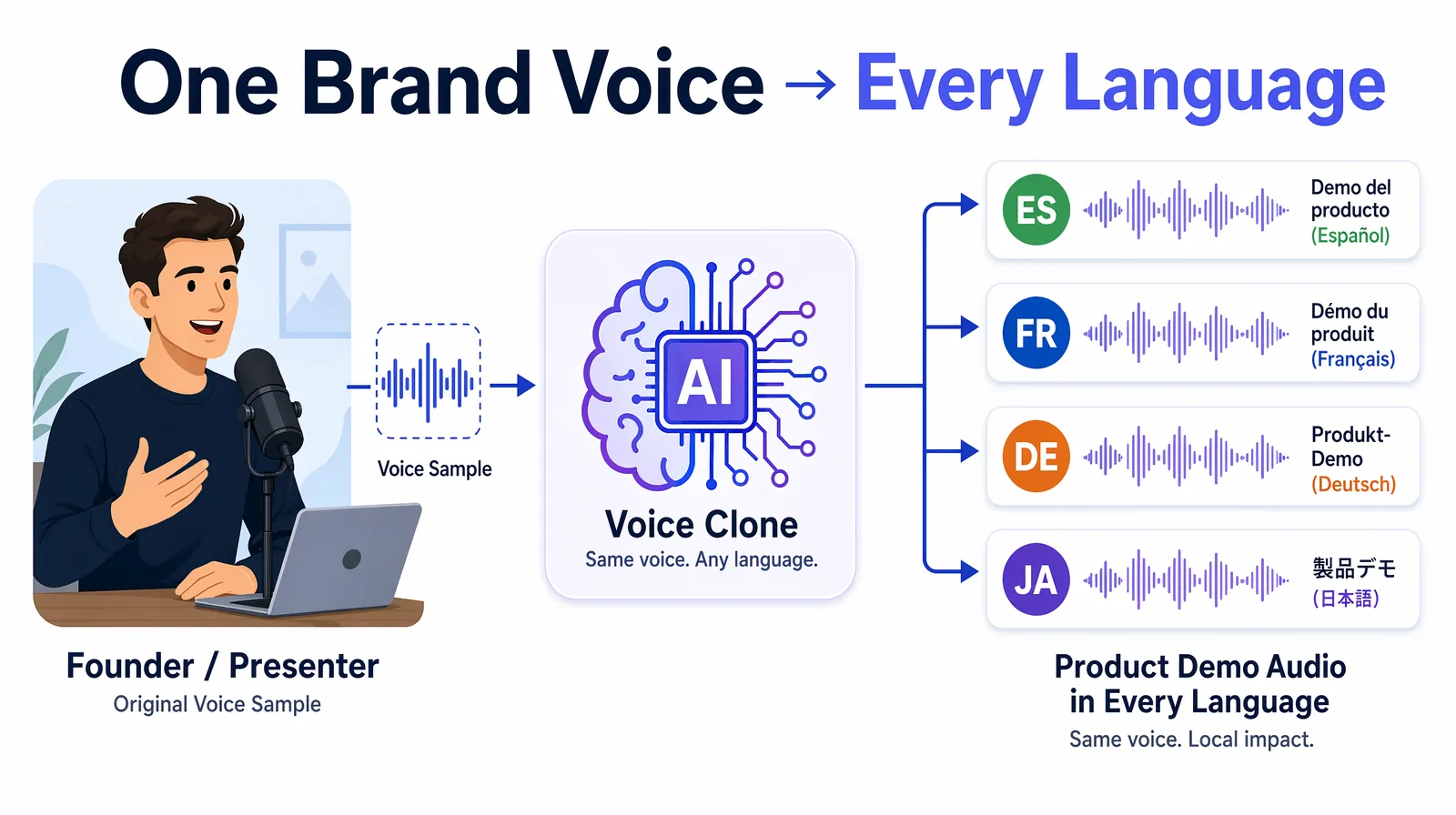 Voice cloning preserves one brand voice persona across Spanish French German Japanese product demos