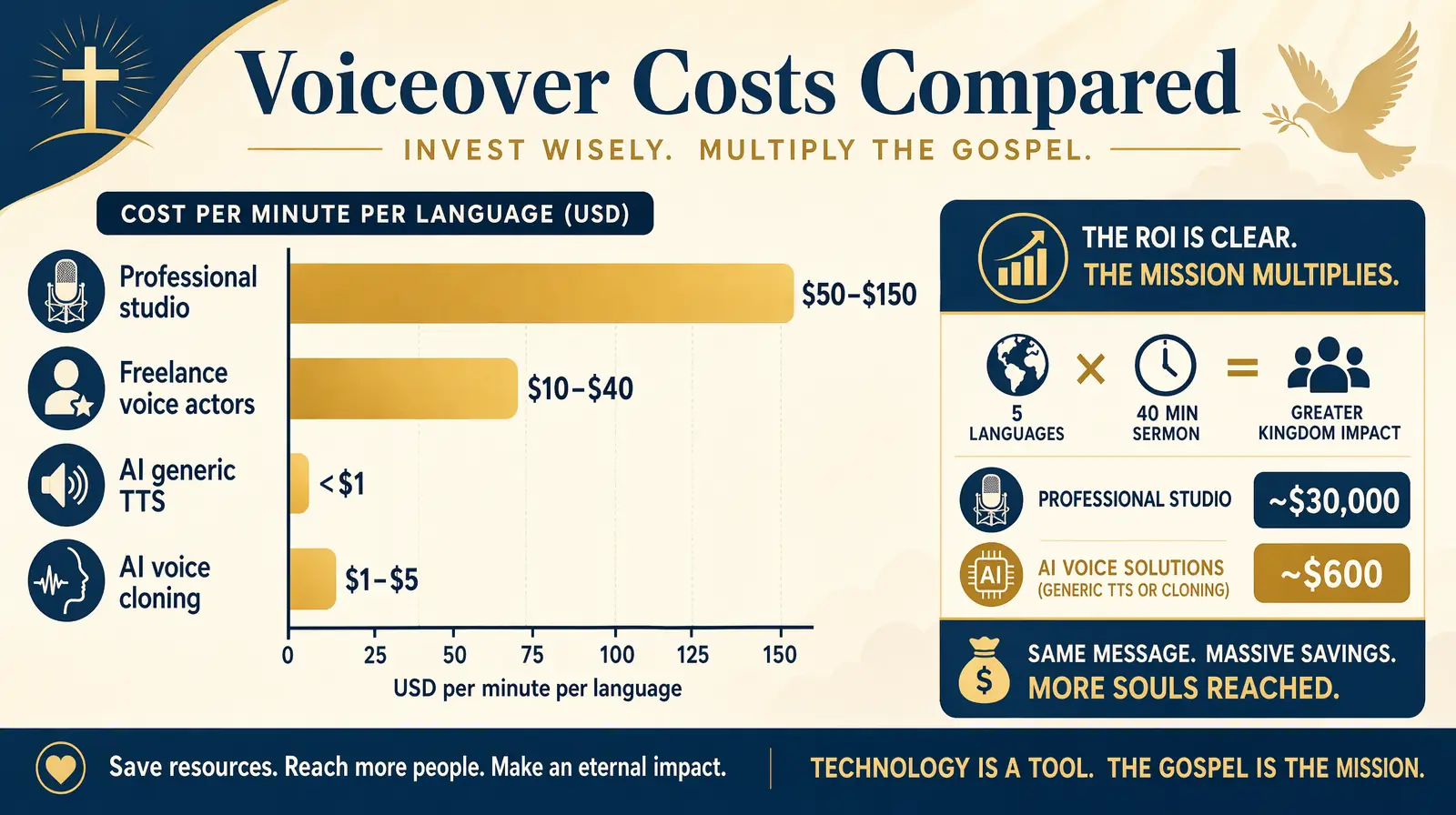 Sermon dubbing cost comparison: studio vs freelancers vs AI voice cloning