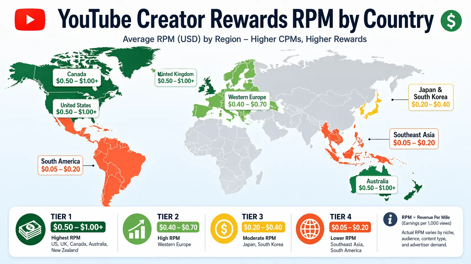 World map visualization showing TikTok RPM rates by region with US/UK highest and SE Asia lowest
