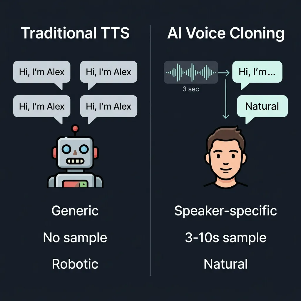 Comparison infographic of traditional text-to-speech vs AI voice cloning showing generic voice output vs speaker-specific voice replication