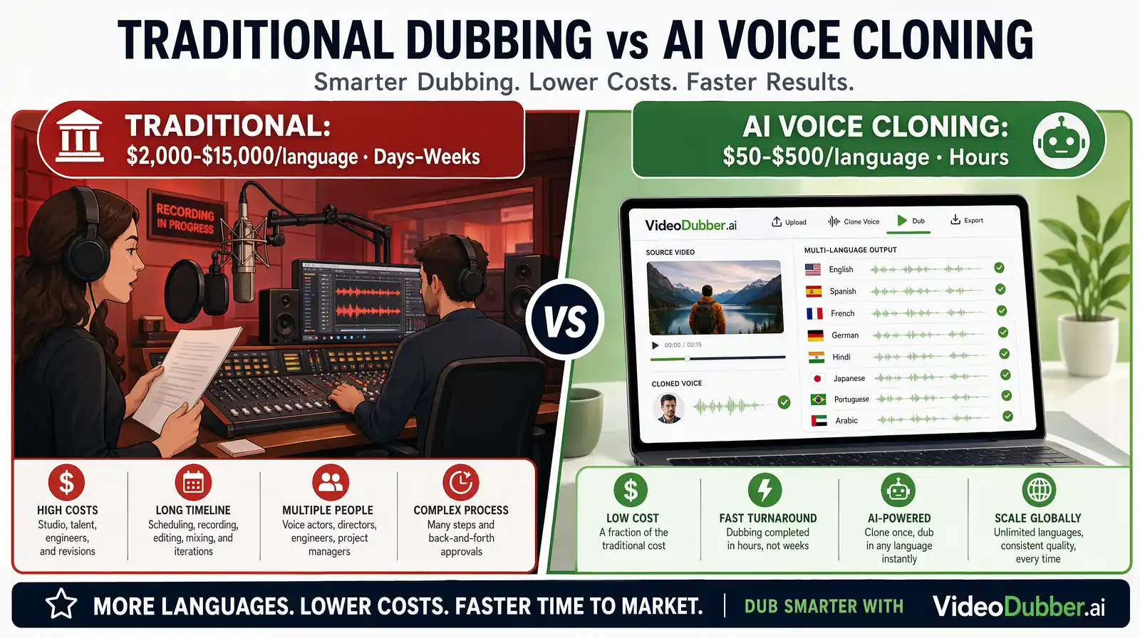Comparison infographic of traditional dubbing studio workflow vs AI voice cloning workflow showing cost, time, and scalability differences