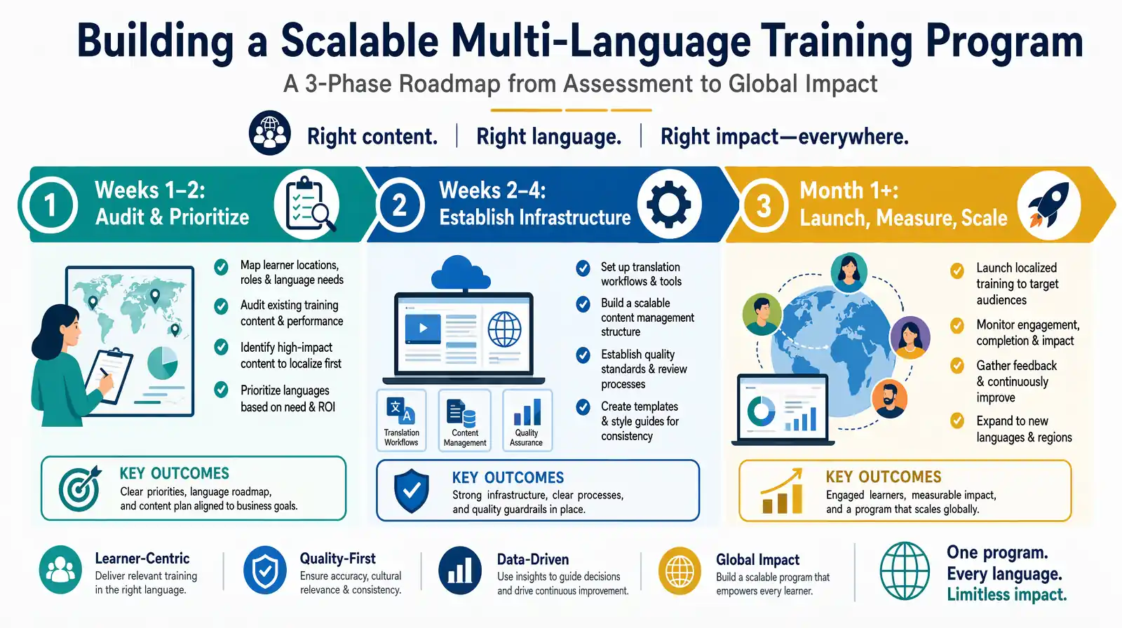Multi-language training program rollout phases timeline