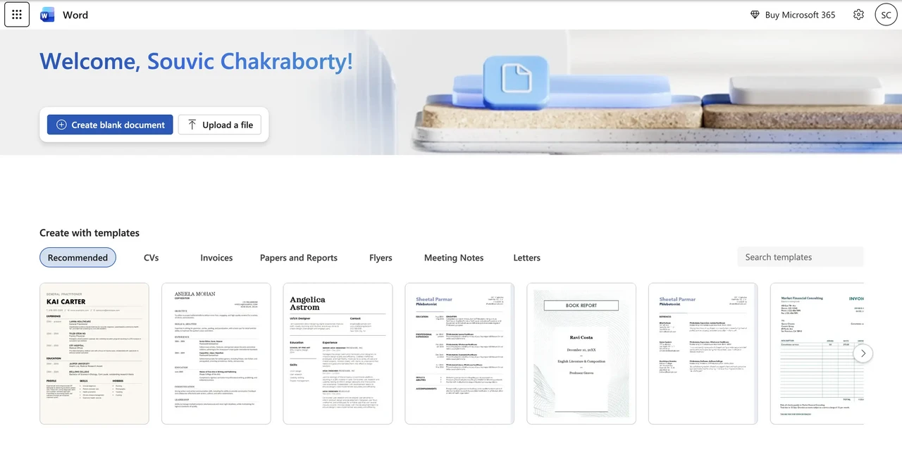 Microsoft Word for the web home screen with Create blank document and Upload a file options to start transcribing