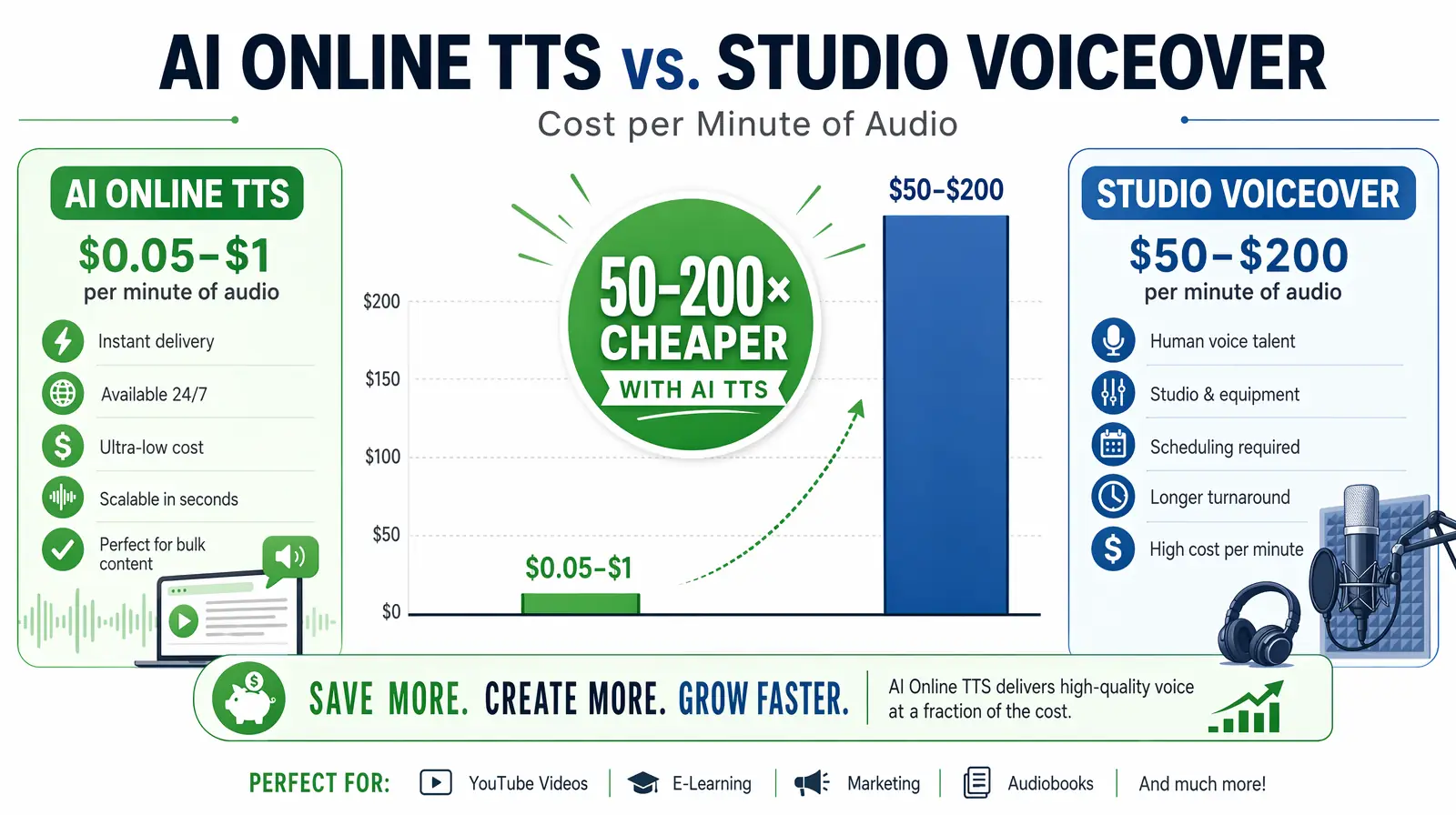 Online AI TTS vs studio voiceover cost comparison per minute of audio
