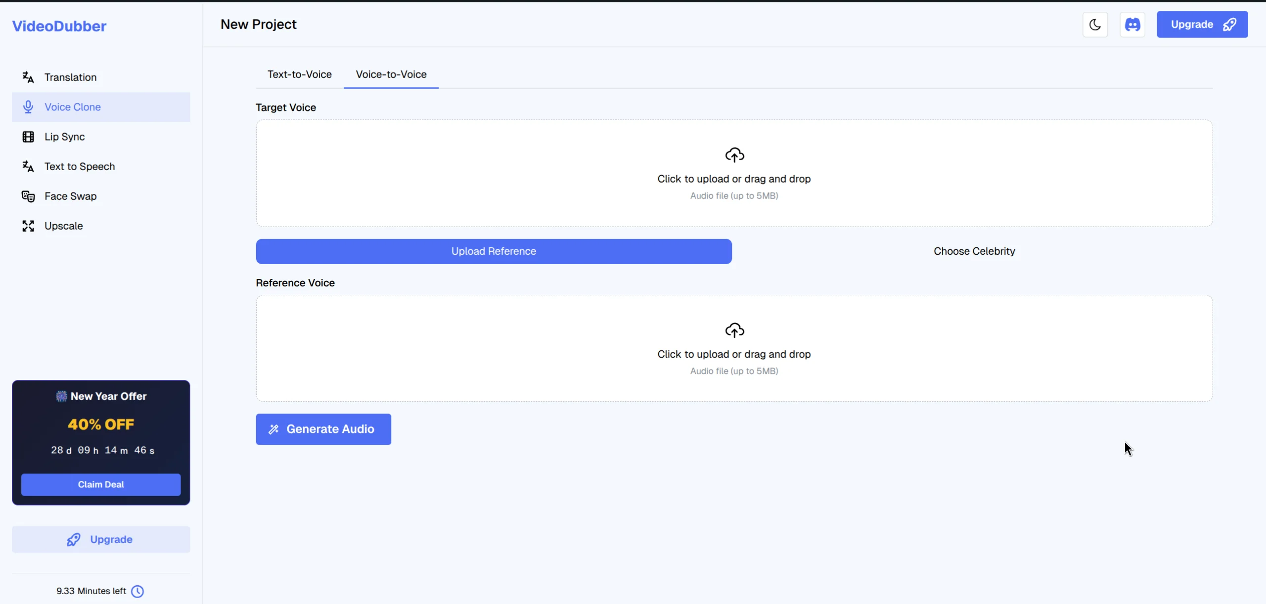 Upload Voice Interface showing file selection and model generation controls
