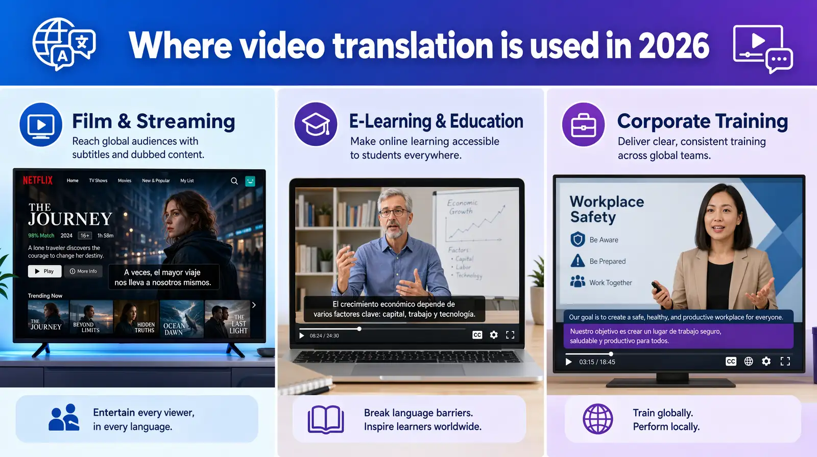 Collage of video translation use cases Netflix-style entertainment e-learning lecture and corporate training