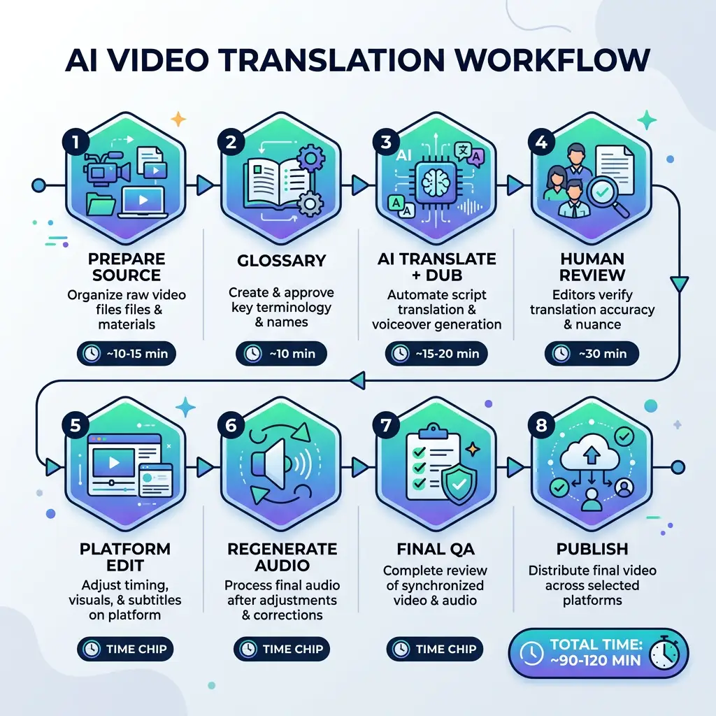 End-to-end video translation workflow diagram with eight sequential steps