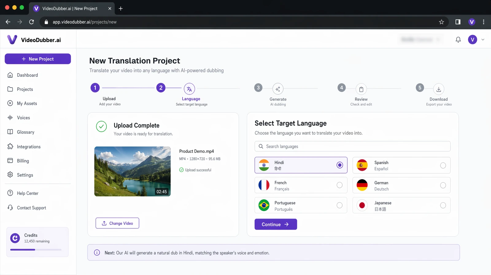 VideoDubber dashboard screenshot showing upload target language selection and dubbing progress