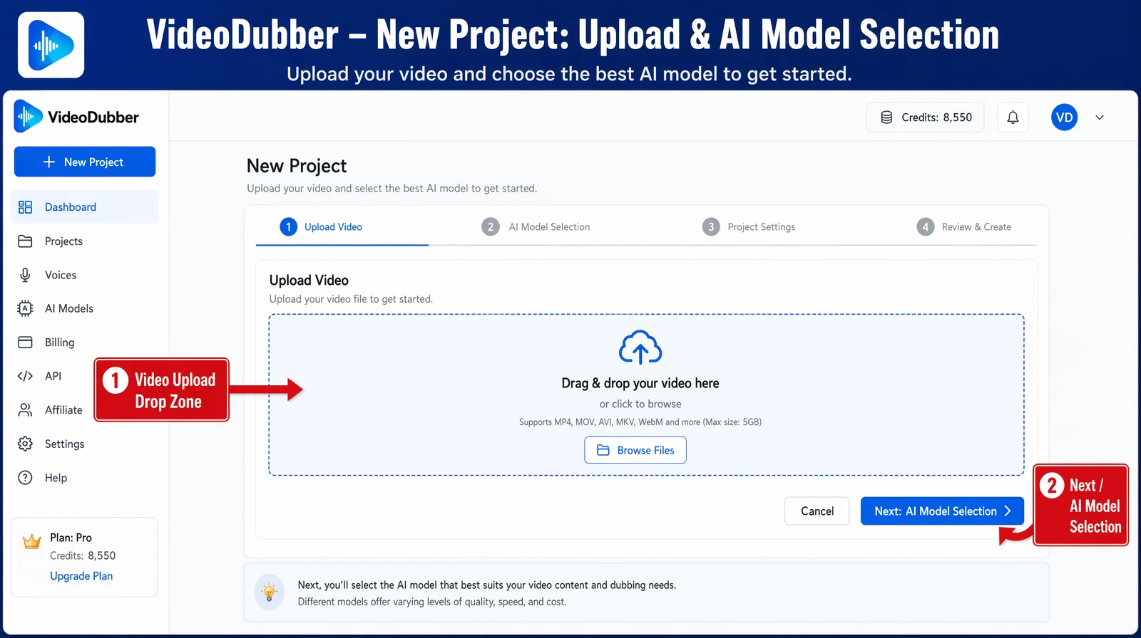 Screenshot of the VideoDubber new project upload screen ready to process a DeepSeek translation