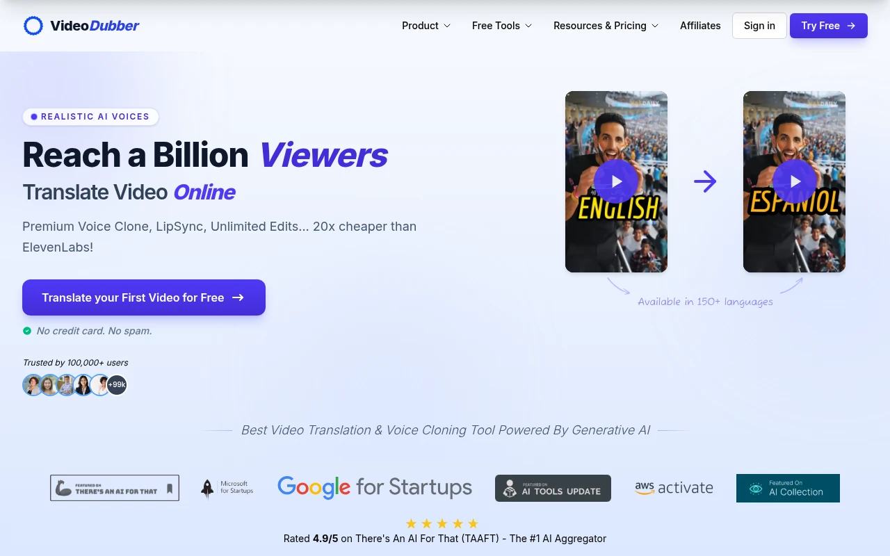 VideoDubber Video Translator landing page — transcribe and translate video into 150+ languages with AI voice cloning