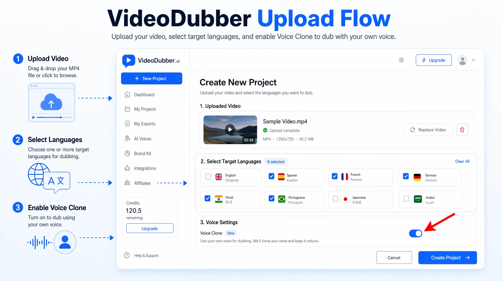 VideoDubber upload interface showing target language selection and voice cloning toggle