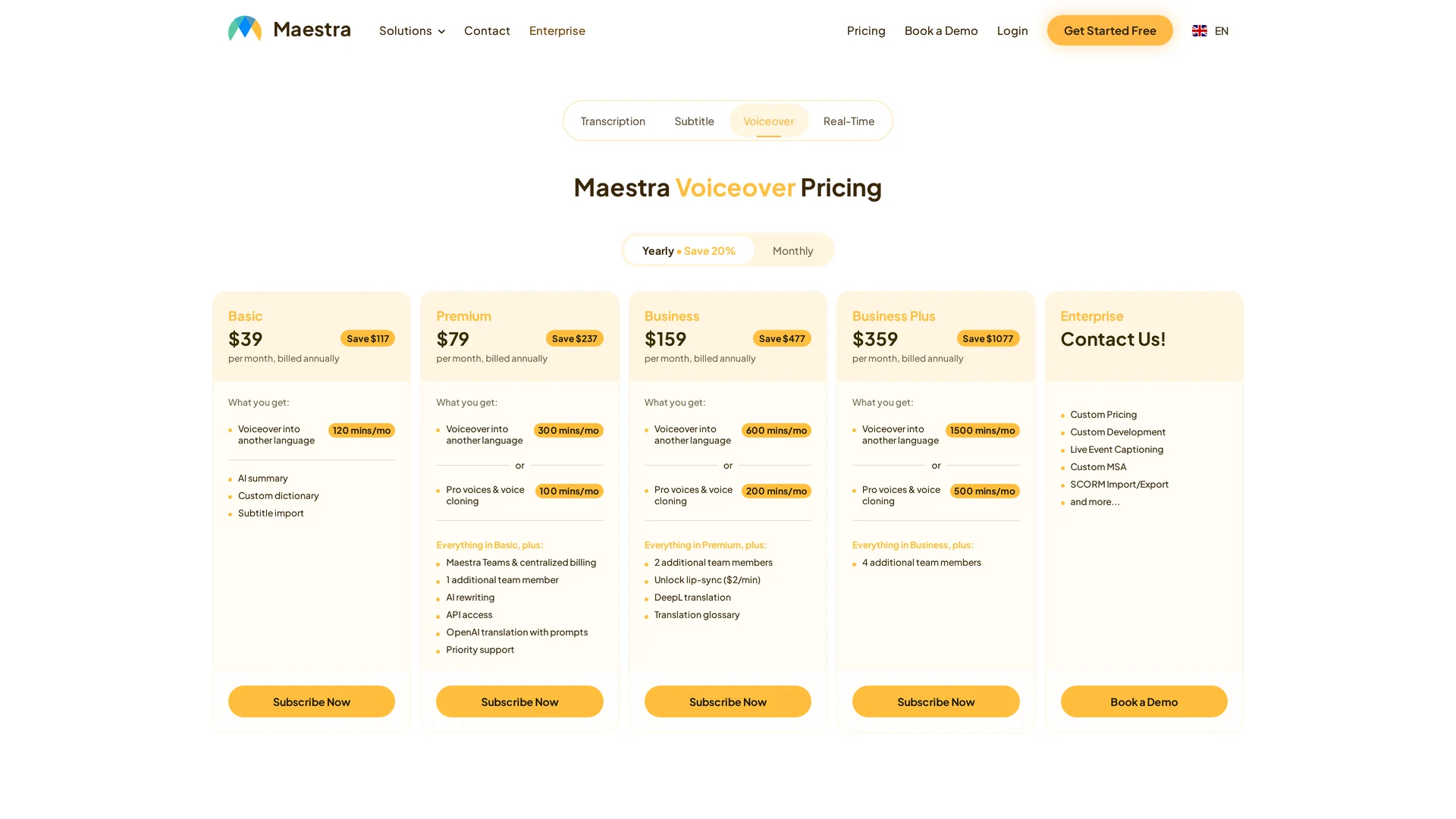Maestra pricing — separate Transcription, Subtitle, Voiceover, and Real-Time tabs