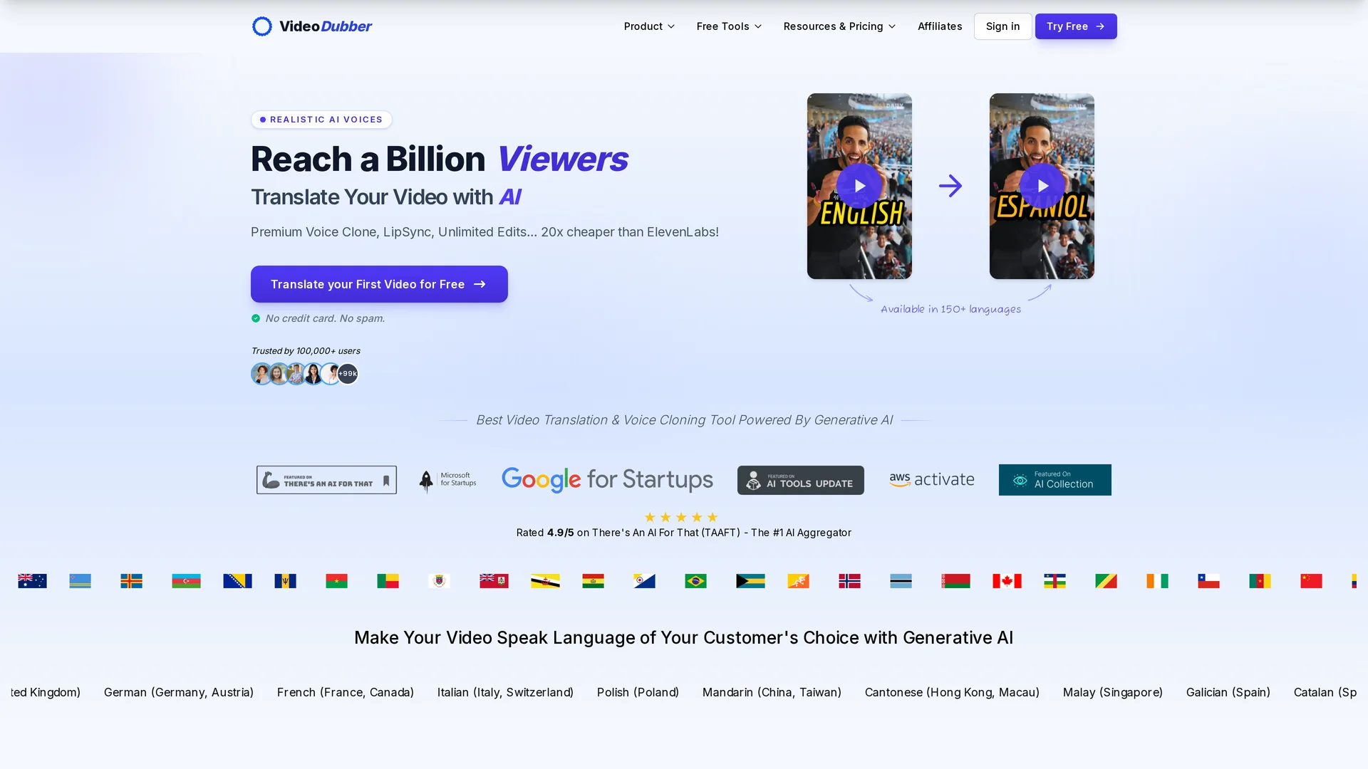 VideoDubber.ai homepage — one-click AI video translation and dubbing