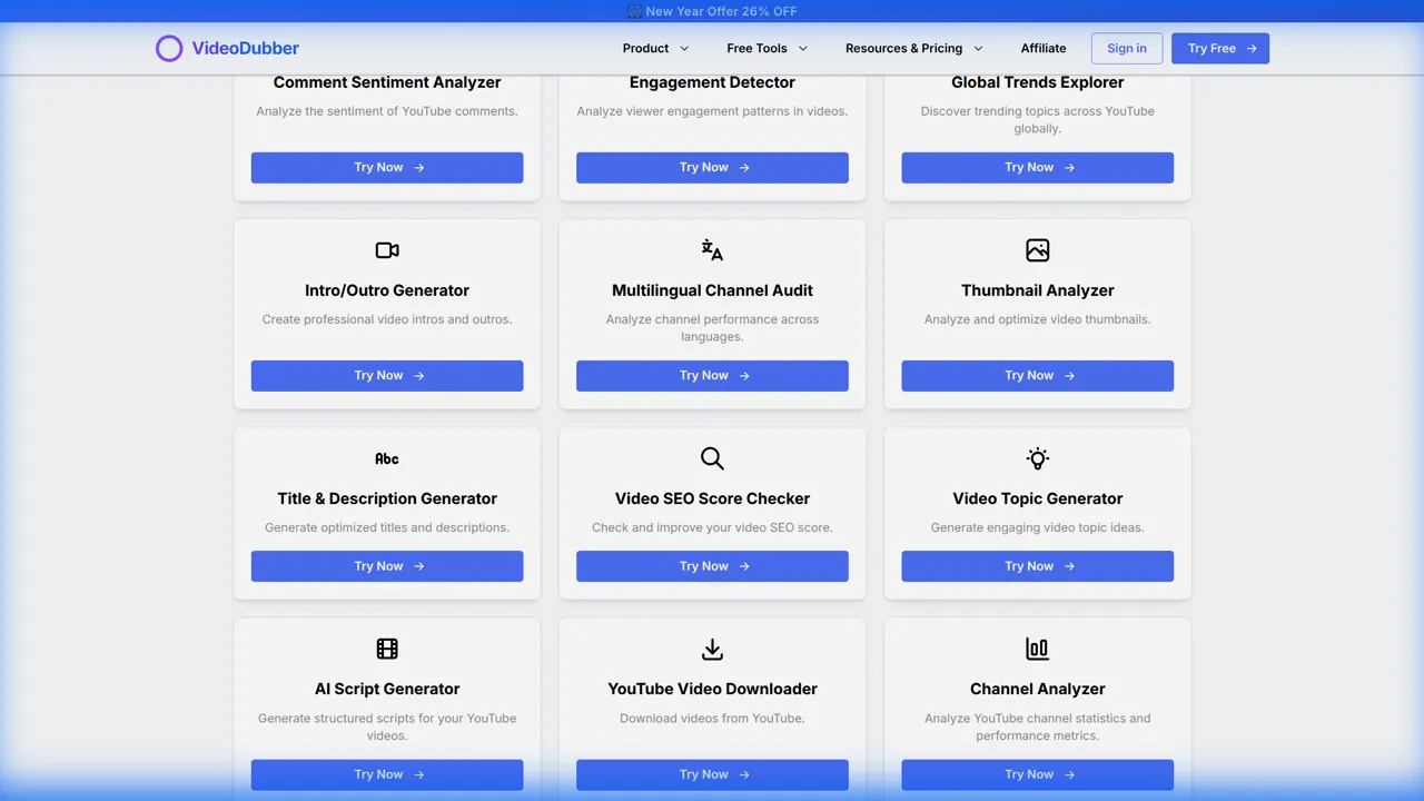 VideoDubber YouTube Tools Dashboard