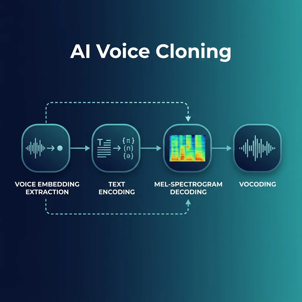 Four-stage voice cloning pipeline diagram showing voice embedding extraction, text encoding, mel-spectrogram decoding, and vocoding