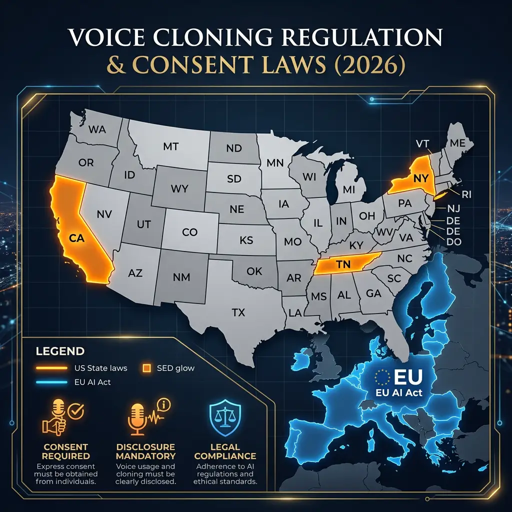 Map of U.S. states and EU regions with voice cloning laws highlighted, including California, New York, Tennessee, and EU AI Act coverage