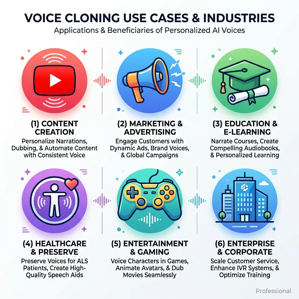 Six-icon infographic showing voice cloning use cases across content creation, marketing, education, accessibility, entertainment, and enterprise